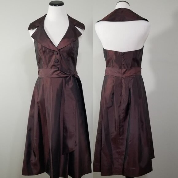New BCBG Paris Halter Dress 6 Taffeta Shot Satin Red Black Rockabilly Bombshell - Picture 1 of 9